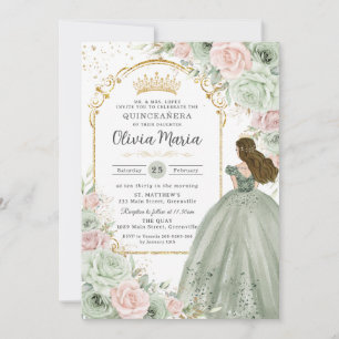 Convites Sage Green Blush Rosa Princesa Floral Rosa Quincea