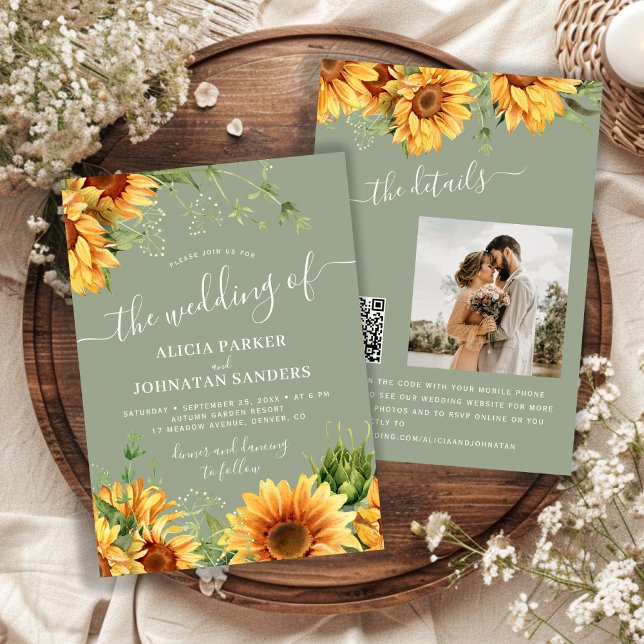 Convites Sage green boho floral sunflower wedding (Criador carregado)