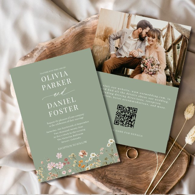 Convites Sage Green Boho Wildflower Código QR Casamento de  (Criador carregado)
