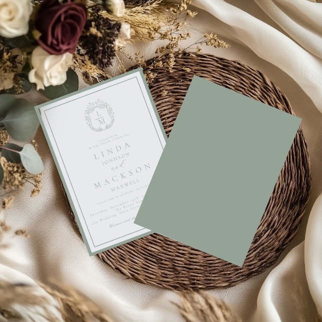 Convites Sage Green botanical crest monogram wedding (Criador carregado)