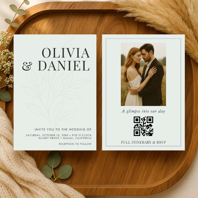 Convites Sage Green Botanical Photo QR Code Wedding (Criador carregado)