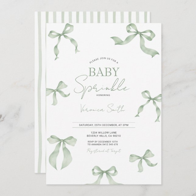 Convites Sage Green Bow Baby Sprinkle Invitation (Frente/Verso)