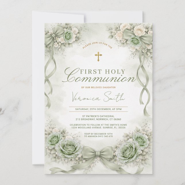 Convites Sage Green Bow Floral First Holy Communion (Frente)
