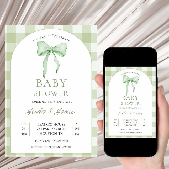 Convites sage green Bow Gingham Baby Shower Invitation (Criador carregado)