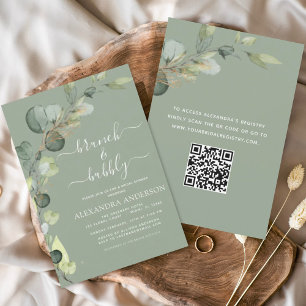 Convites Sage Green Brunch e Bubbles QR Code Eucalyptus