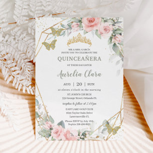 Convites Sage Green Butflies cor de rosa Quinceañera