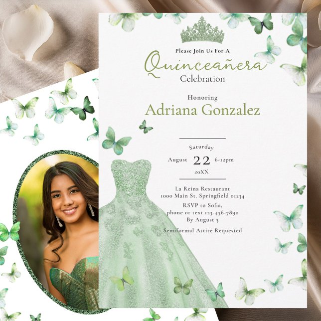Convites Sage Green Butterflies Dress Tiara Quinceanera (Criador carregado)
