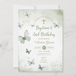 Convites Sage Green Butterfly aniversário de 3 anos Baptism