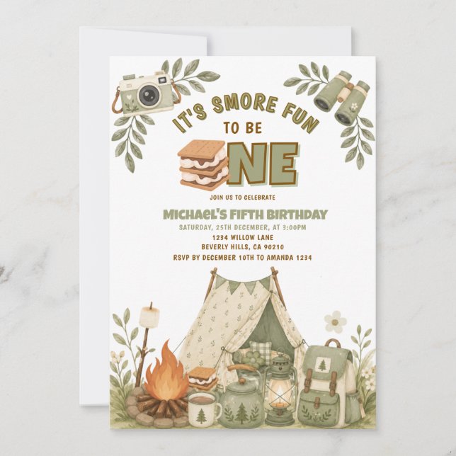 Convites Sage Green Camping Campfire Party Invite (Frente)