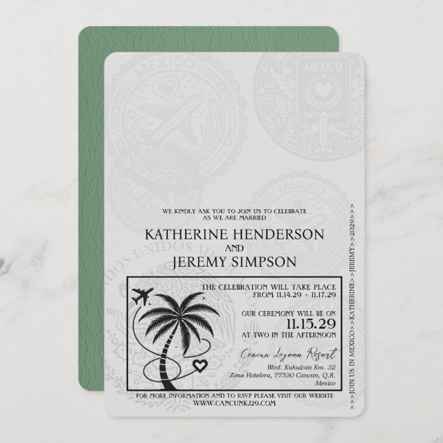 Convites Sage Green Cancun Passport Wedding (Frente/Verso)