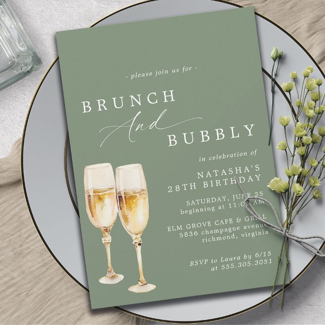 Convites Sage Green | Champanhe Aniversário Brunch e Bubble (Criador carregado)