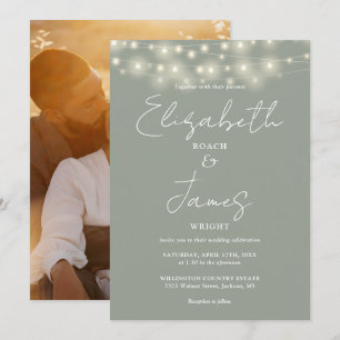 Convites Sage Green Chic String Lights Script Foto Casament