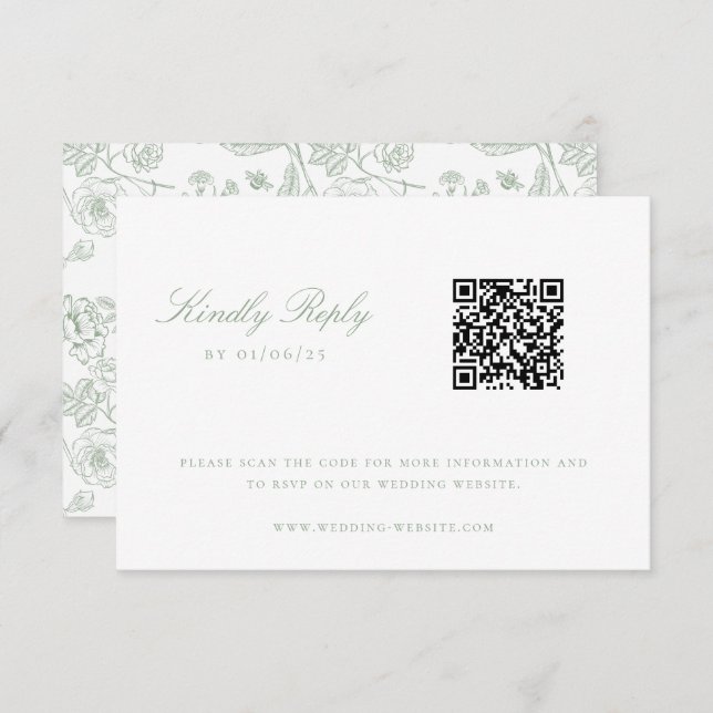 Convites Sage Green Chinoiserie Casamento QR Code RSVP (Frente/Verso)