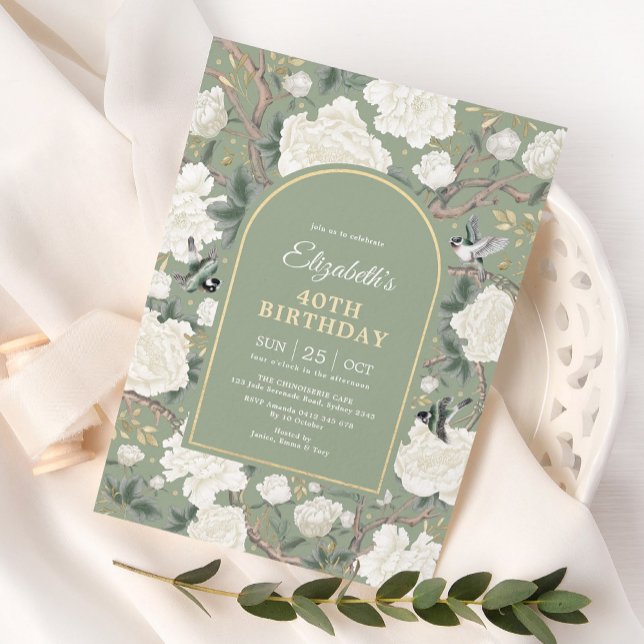 Convites Sage Green Chinoiserie Floral Women aniversário de (Criador carregado)