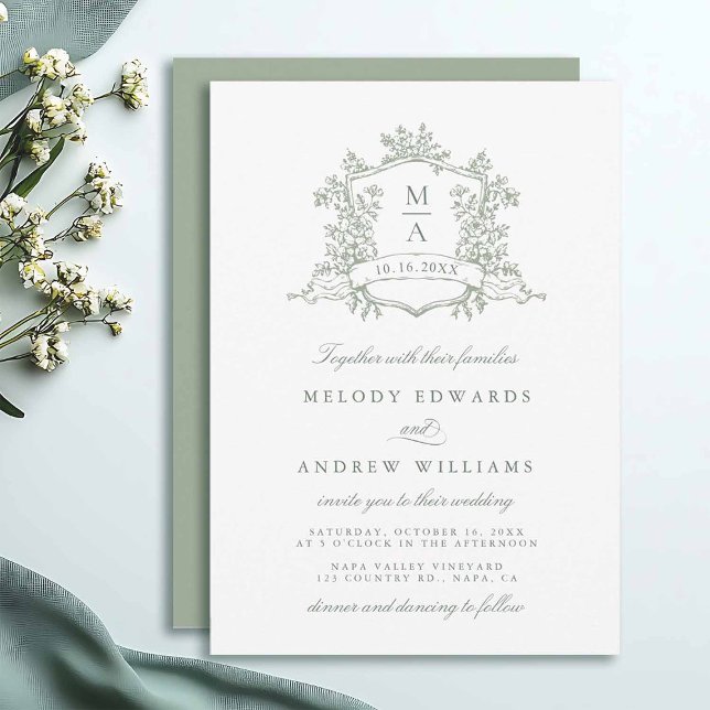 Convites Sage Green Classy Floral Crest Wedding Invitation (Criador carregado)
