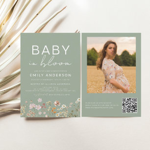 Convites Sage Green Código QR Flor Selvagem Bebê em Chá Blo