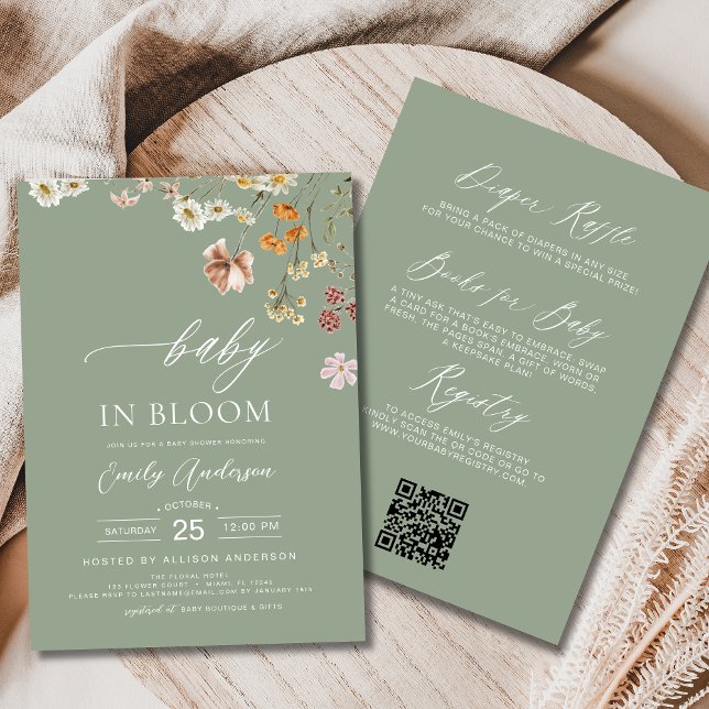 Convites Sage Green Código QR Flor Selvagem Bebê em Sangue (Criador carregado)