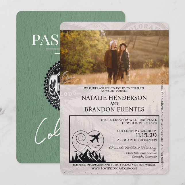 Convites Sage Green Colorado Passport Wedding (Frente/Verso)
