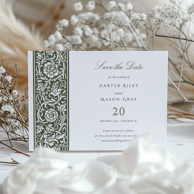 Convites Sage Green Cream William Morris Guarde a Data (Criador carregado)