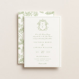 Convites Sage Green Crest Monograma Wedding