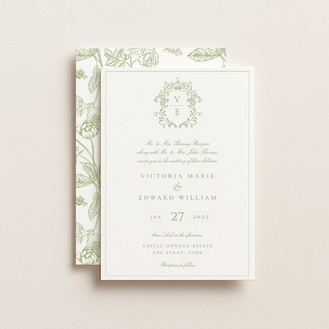 Convites Sage Green Crest Monograma Wedding (Criador carregado)