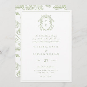 Convites Sage Green Crest Monograma Wedding