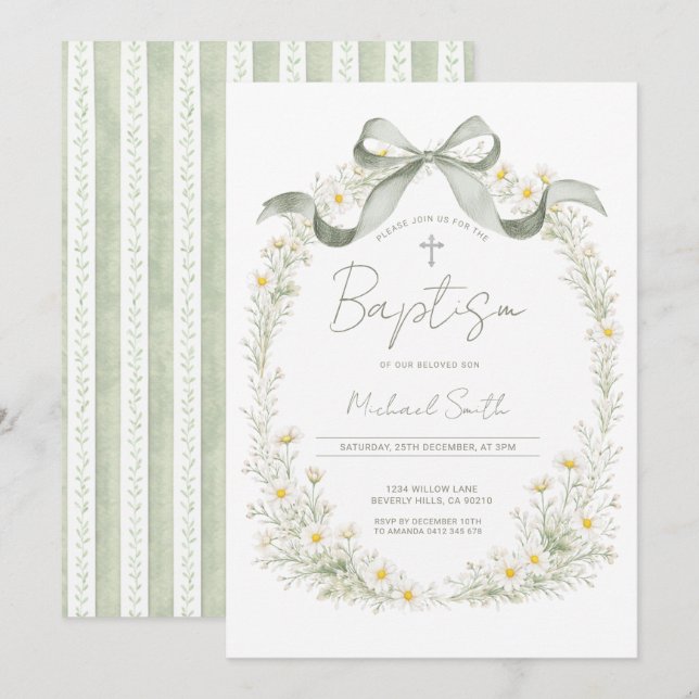 Convites Sage Green Cross Daisy Baptism Invitation (Frente/Verso)