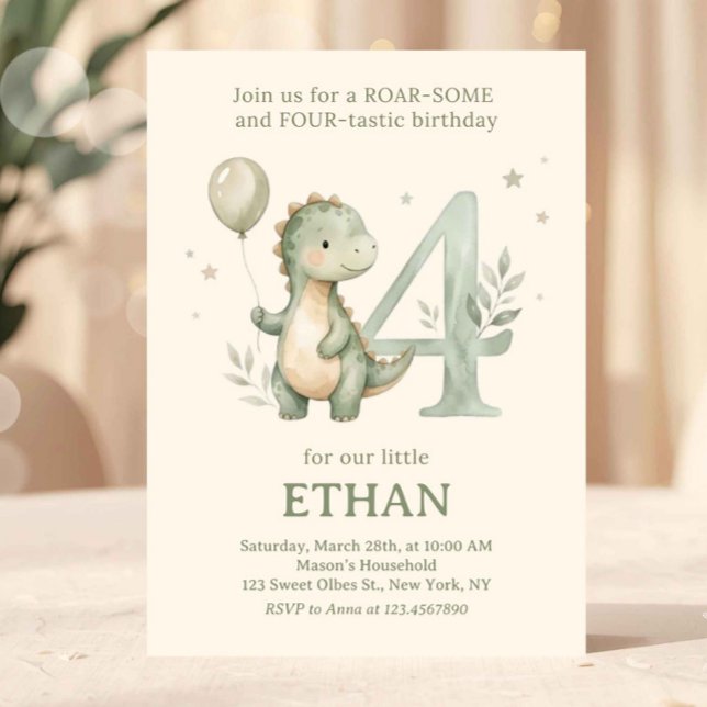 Convites Sage Green Cute Dinosaur 4th Birthday (dinosaur birthday invitation, 4th birthday invite, dino party invitation, roarsome four invite, dino)