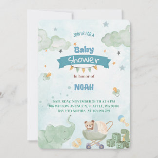 Convites Sage Green Cute Elephant Teddy Bear Boy Baby