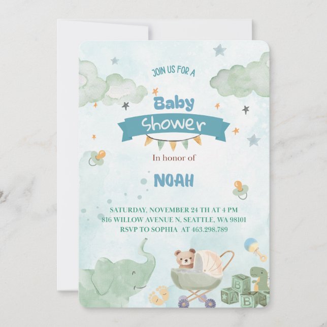 Convites Sage Green Cute Elephant Teddy Bear Boy Baby (Frente)