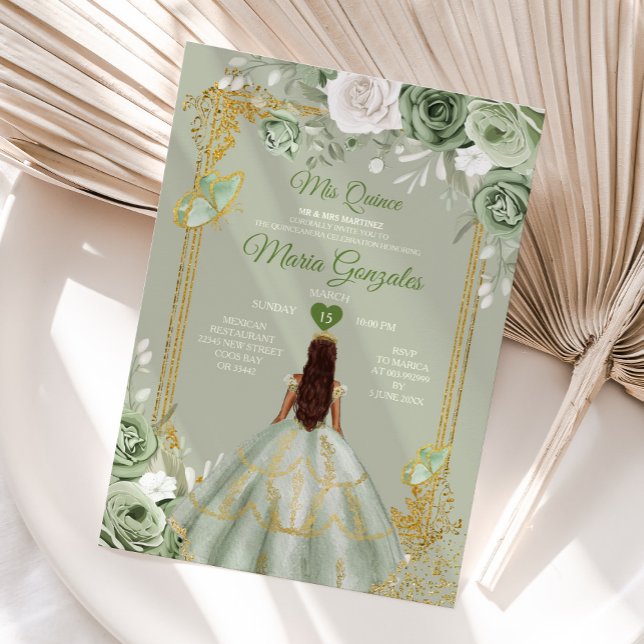 Convites Sage Green Dourada Crown Mis Quince 15 Anos Dresse (Criador carregado)