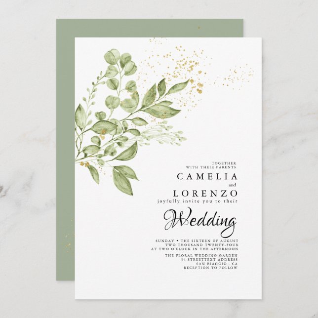 Convites Sage Green Dourado Boho Greenery Casamento (Frente/Verso)