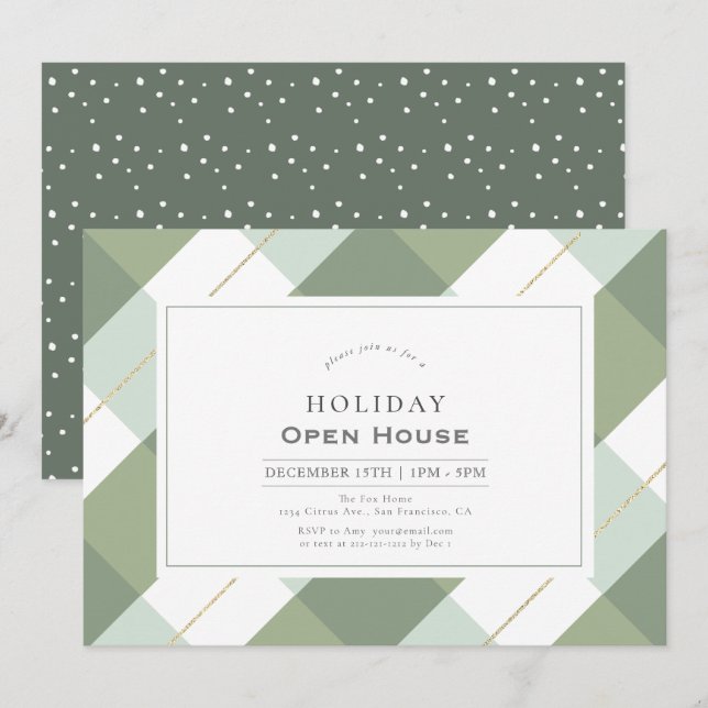 Convites Sage Green & Dourado Gingham Check Holiday Open Ho (Frente/Verso)