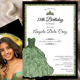 Convites Sage Green Dress and Tiara 18th Birthday Debut 
