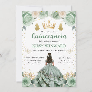 Convites Sage Green Dress Brunette Princesa Quinceanera