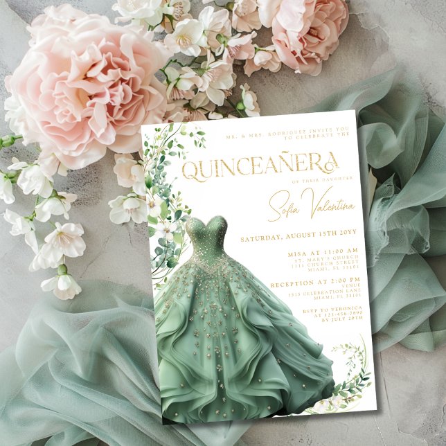 Convites Sage Green Dress Gown Floral Princesa Quinceañera (Sage Green Dress Gown Floral Princess Quinceañera Invitation)