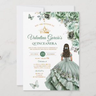 Convites Sage Green Dress Quinceañera 15 Anos Flores Dourad