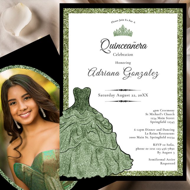 Convites Sage Green Dress & Tiara Custom Photo Quinceanera (Criador carregado)