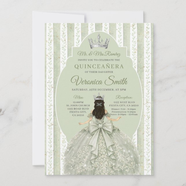 Convites Sage Green Dress with Bow Quinceañera Birthday (Frente)