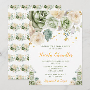 Convites Sage Green e Cream Floral Chá de fraldas