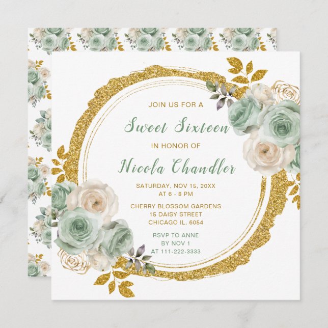 Convites Sage Green e Douradas Flores Elegantes Doce Dezess (Frente/Verso)