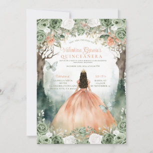 Convites Sage Green e Orange Quinceañera 15 Anos Flores
