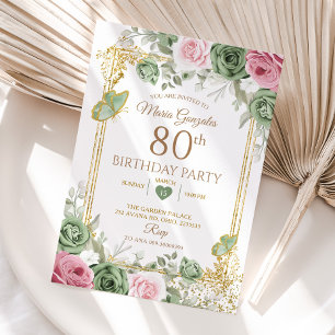 Convites Sage Green e Pink Floral Butterfly 80 Aniversário