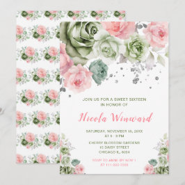 Convites Sage Green e Pink Floral Sweet XVI