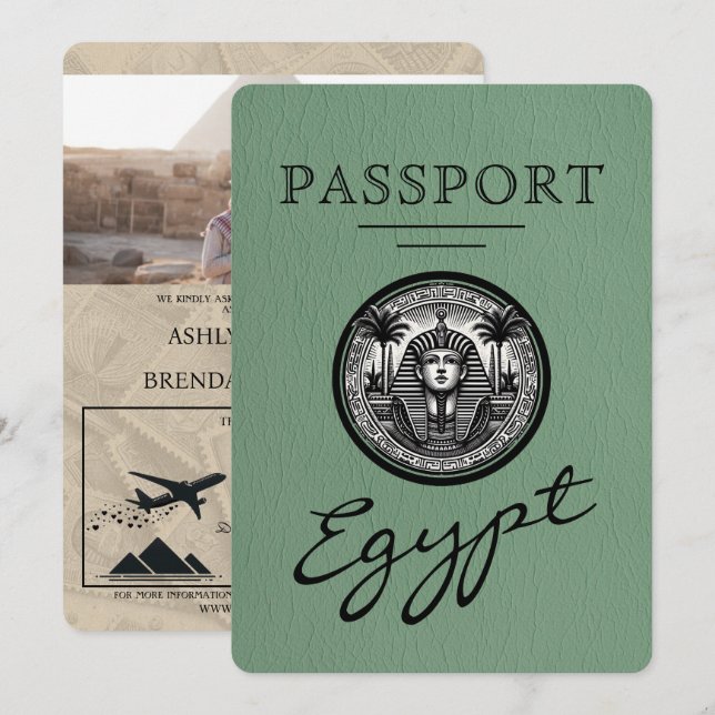Convites Sage Green Egypt Passport Wedding Invitation (Frente/Verso)