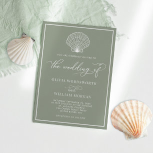 Convites Sage Green Elegant Beach Seashell Wedding