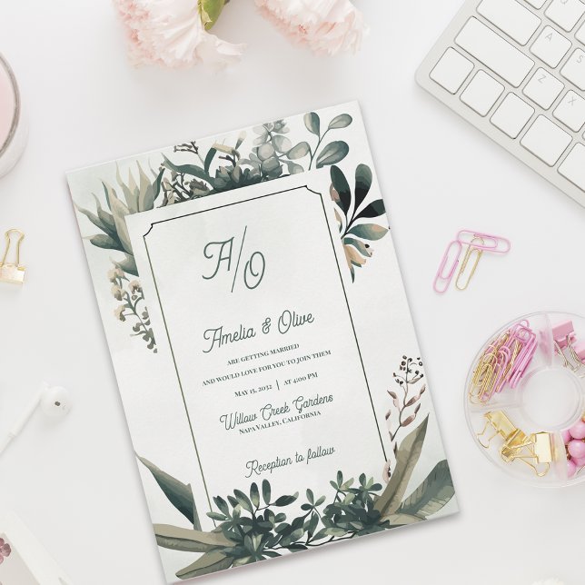 Convites Sage Green Elegant Botanical Greenery Wedding (Elegant Botanical Greenery Wedding Invitation Set | Sage Green Frame Garden Wedding Invite)