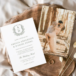 Convites Sage Green Elegant Floral Crest Monograma Casament