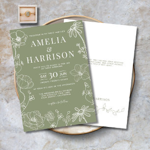 Convites Sage Green Elegant Floral Line Art Wedding