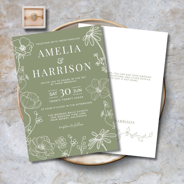 Convites Sage Green Elegant Floral Line Art Wedding (Sage Green Elegant Floral Line Art Wedding Invitation with Optional Text on Back.)